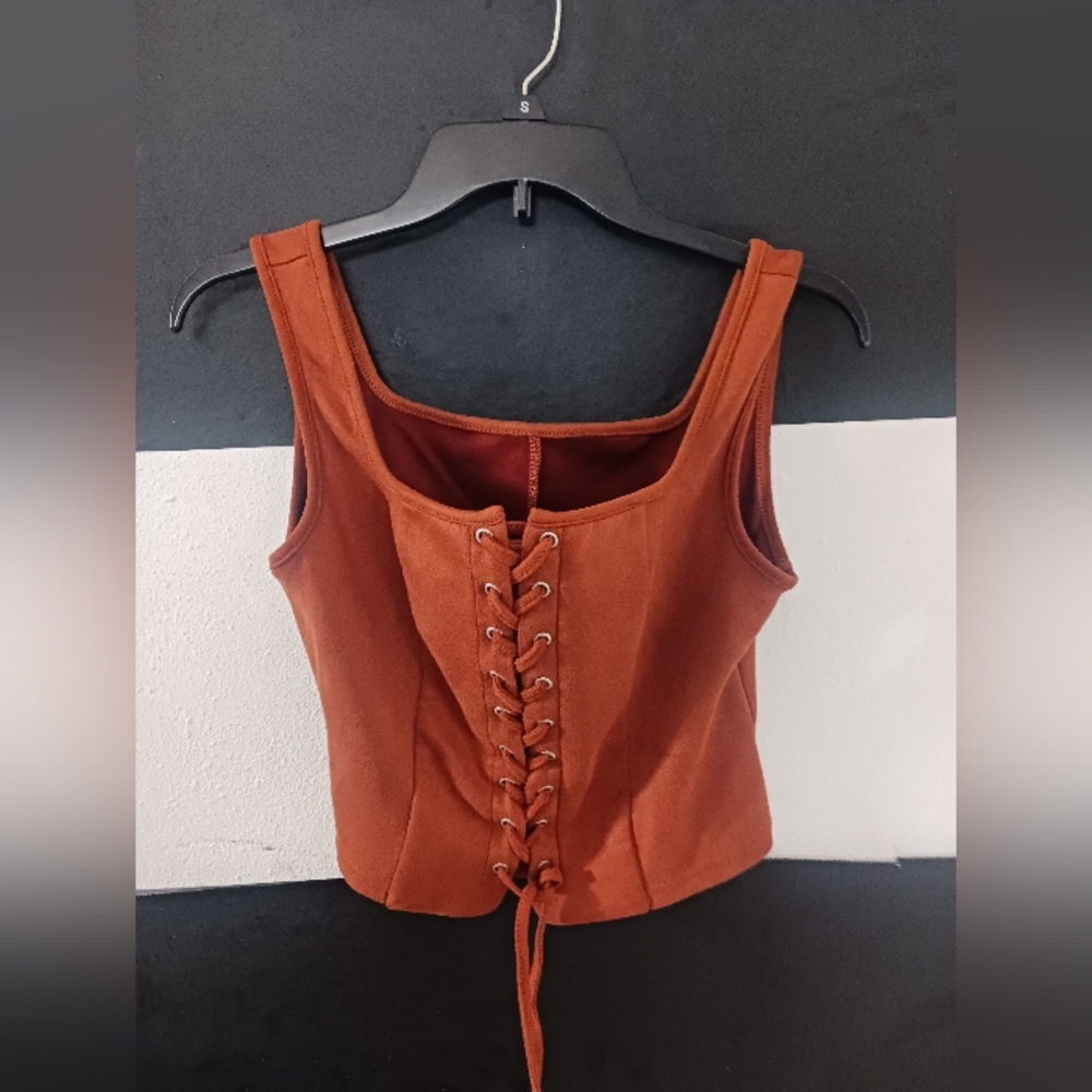 Women Khaki Brown Lace Up Sexy Top - Picture 3 of 8